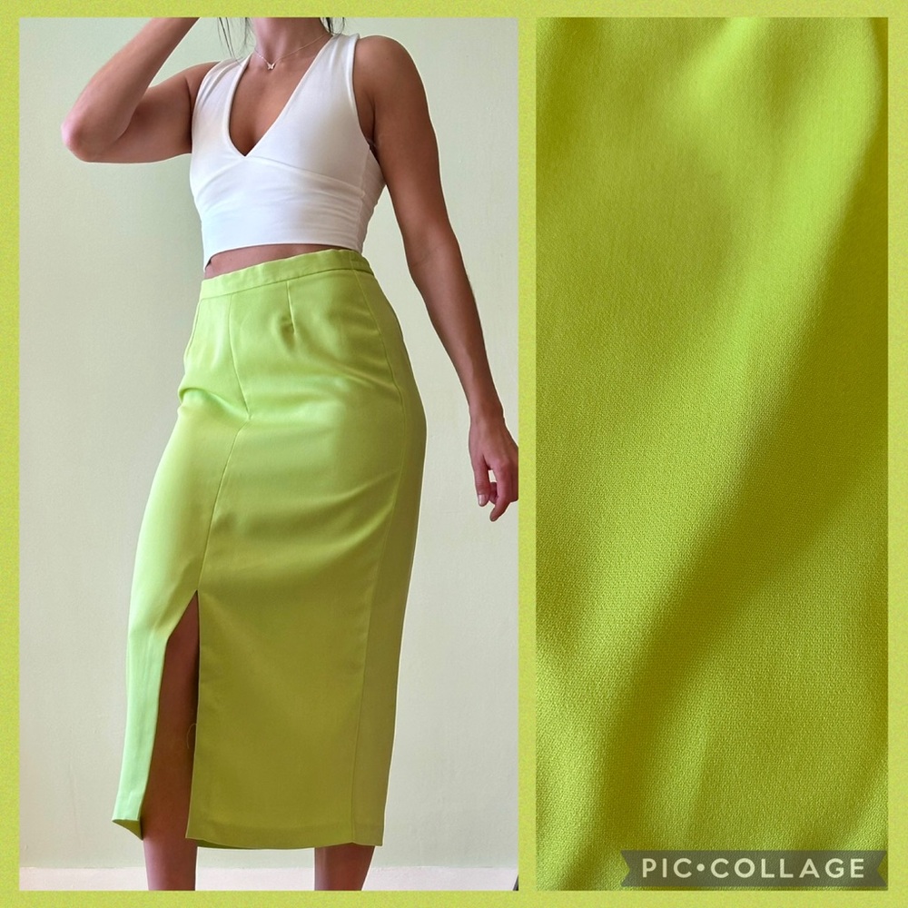 Vintage 1990s Lime Green Midi Pencil Skirt with Front Slit